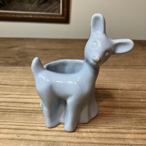 VTG Blue Deer Fawn Tree Stump Ceramic Mini Planter Mid Century Haeger Holiday